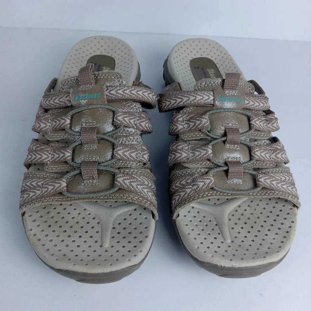 Skechers Reggae Repetition Slides Womens 7 Beige Taupe Slip On Athletic Sandals